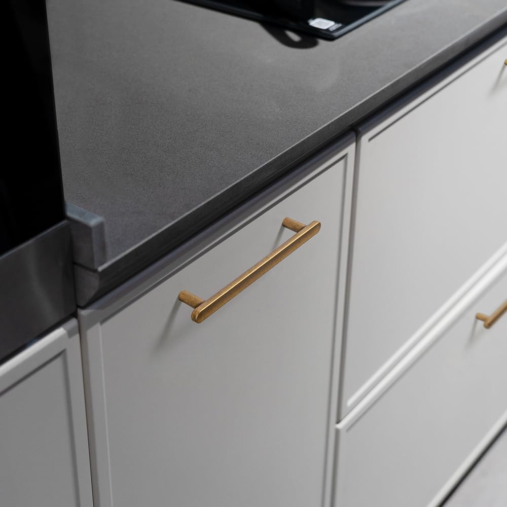 Goo-Ki Antique Brass Cabinet Pulls 5 Inch (128mm) Solid Zinc Kitchen Handles, Vintage Drawer Hardware for Dresser, Sleek Euro T-Bar for Cupboard & Bathroom, 6 Pack