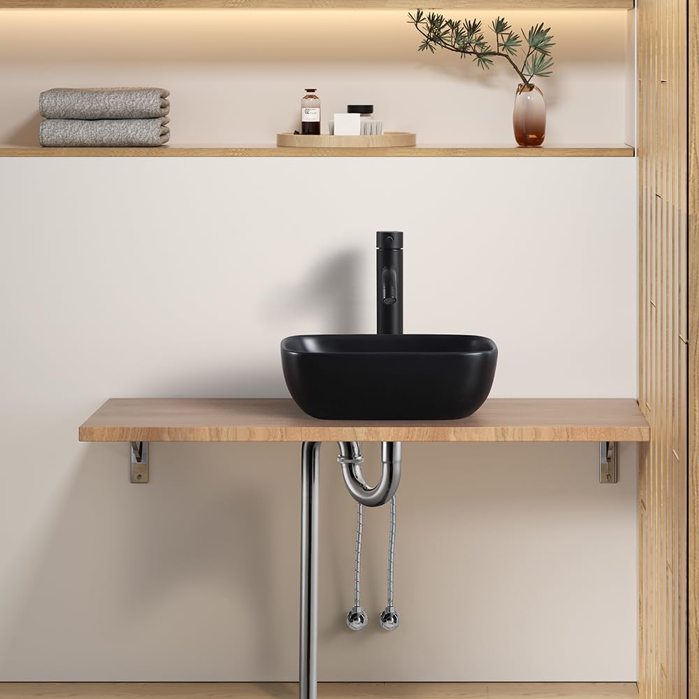 MAISINK Black Vessel Sink 14.5"x10" Small Bathroom Sink Above Counter 14 Inch Black Ceramic Porcelain Small Vessel Sink Bowl for Vanity Wash Basin