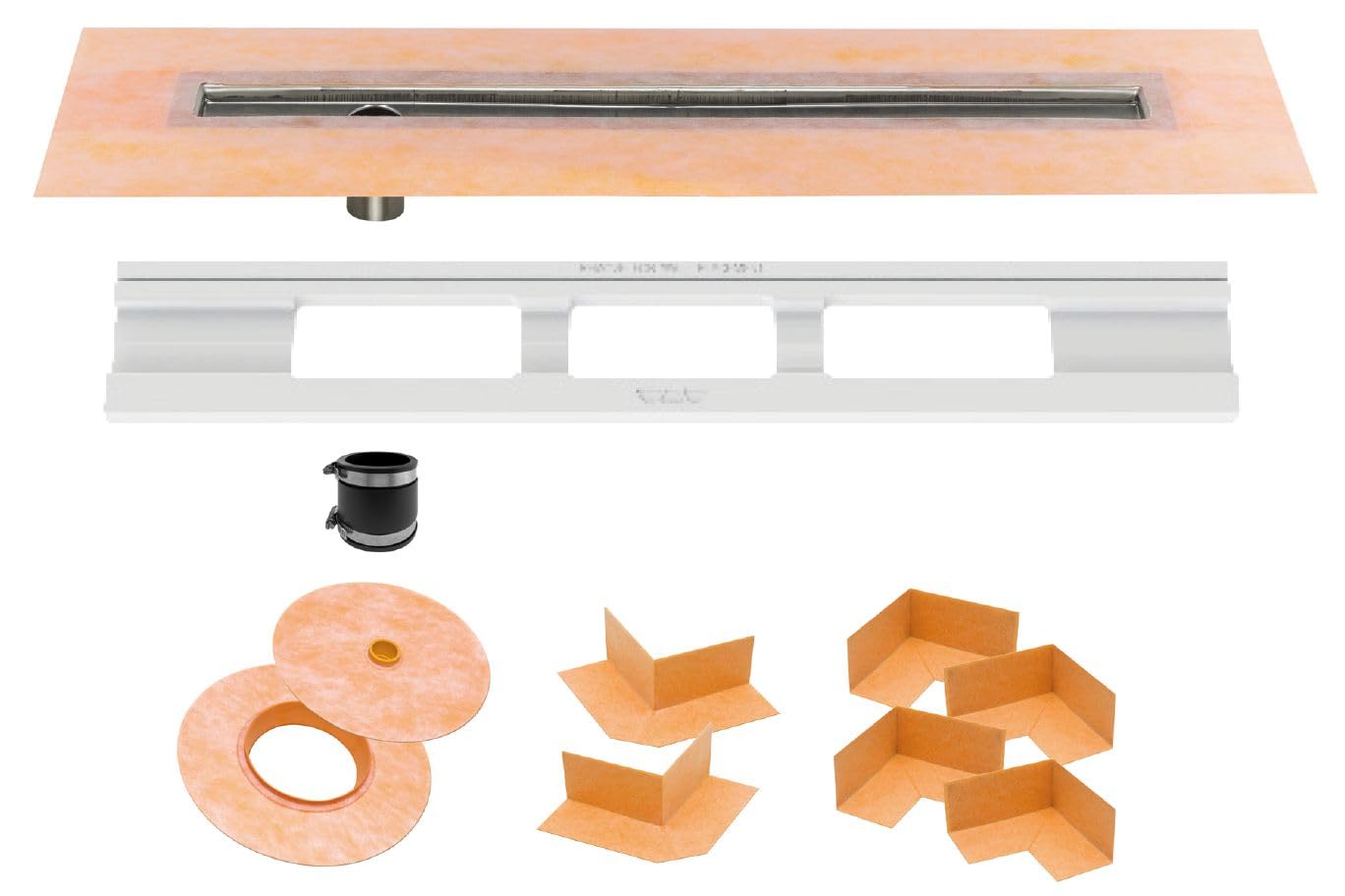 Schluter Kerdi Line Shower Drain with 36" Stainless Steel Channel Body Offset and Waterproof Kerdi Collar - for Showers & Wet Rooms - Off-Set and Center Outlets - KL1VO60E90