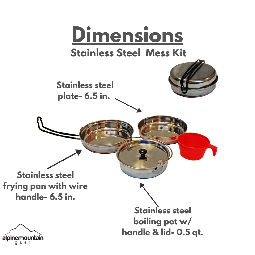 Alpine Mountain Gear Stainless Steel Mess Kit - Steel Camping Cookware with Carrying Bag (Made by Caddis Sports)