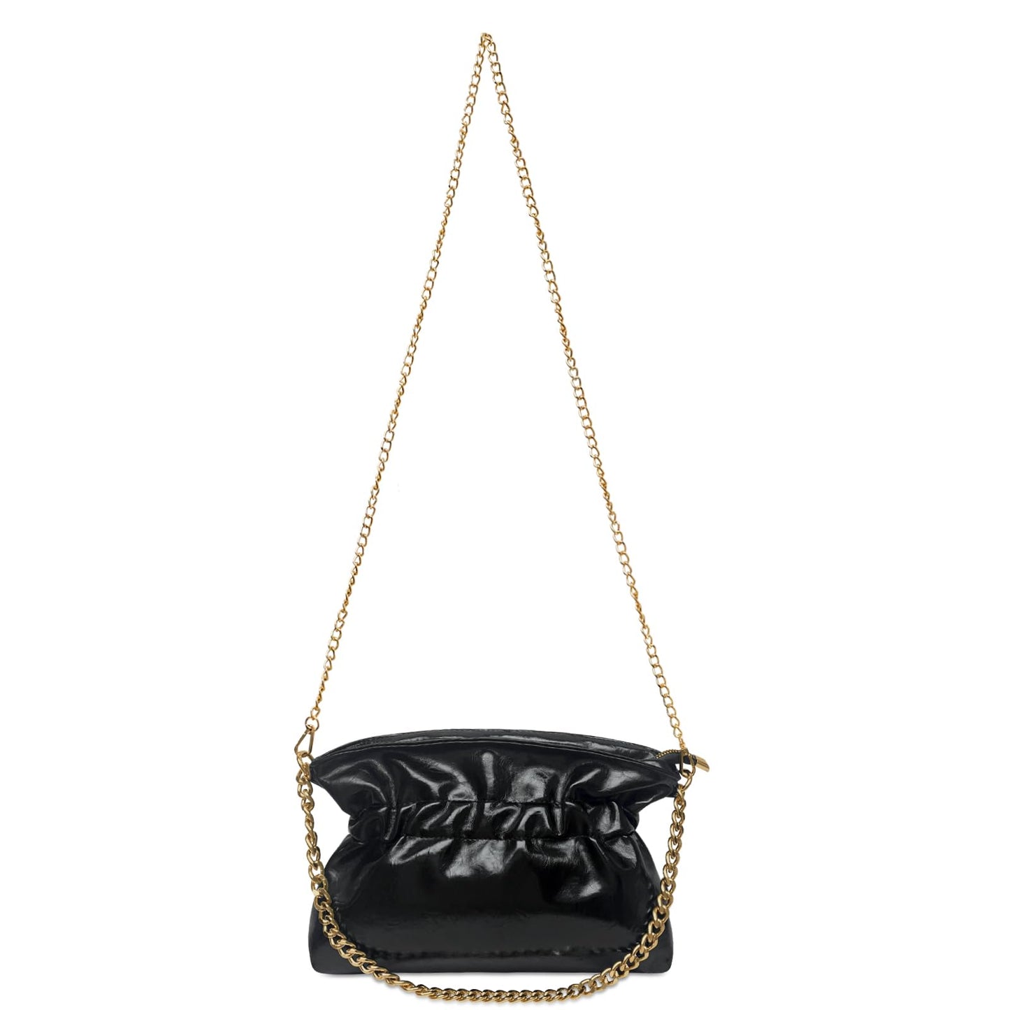 KKXIU Evening Clutch Purses for Women Shiny Metallic Solid Color Crossbody Bag with Gold Chain Strap Elegant Party Wedding Handbag (Black)
