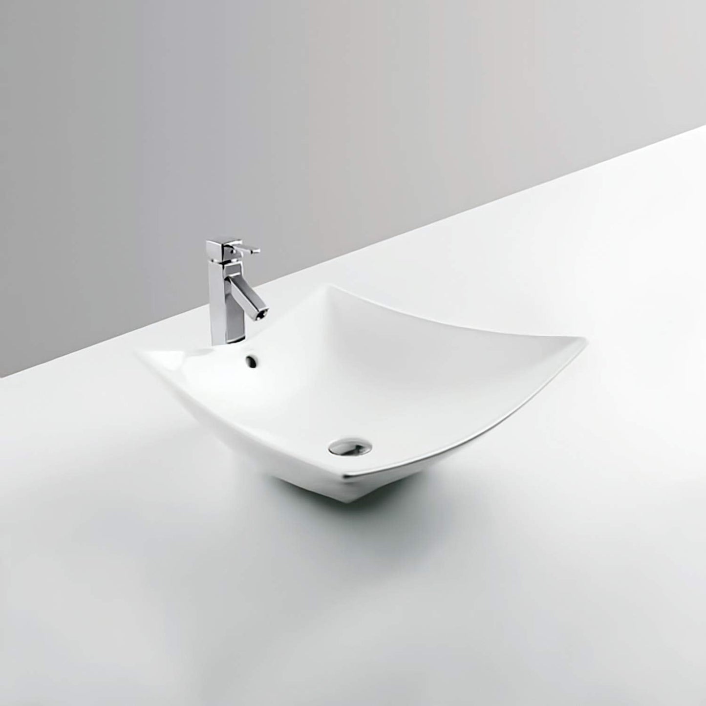URBN.design Modern 24 Inch Wide Geometrical Trapezoid Design Above Counter Bathroom Ceramic Vessel Sink in White Color with Overflow