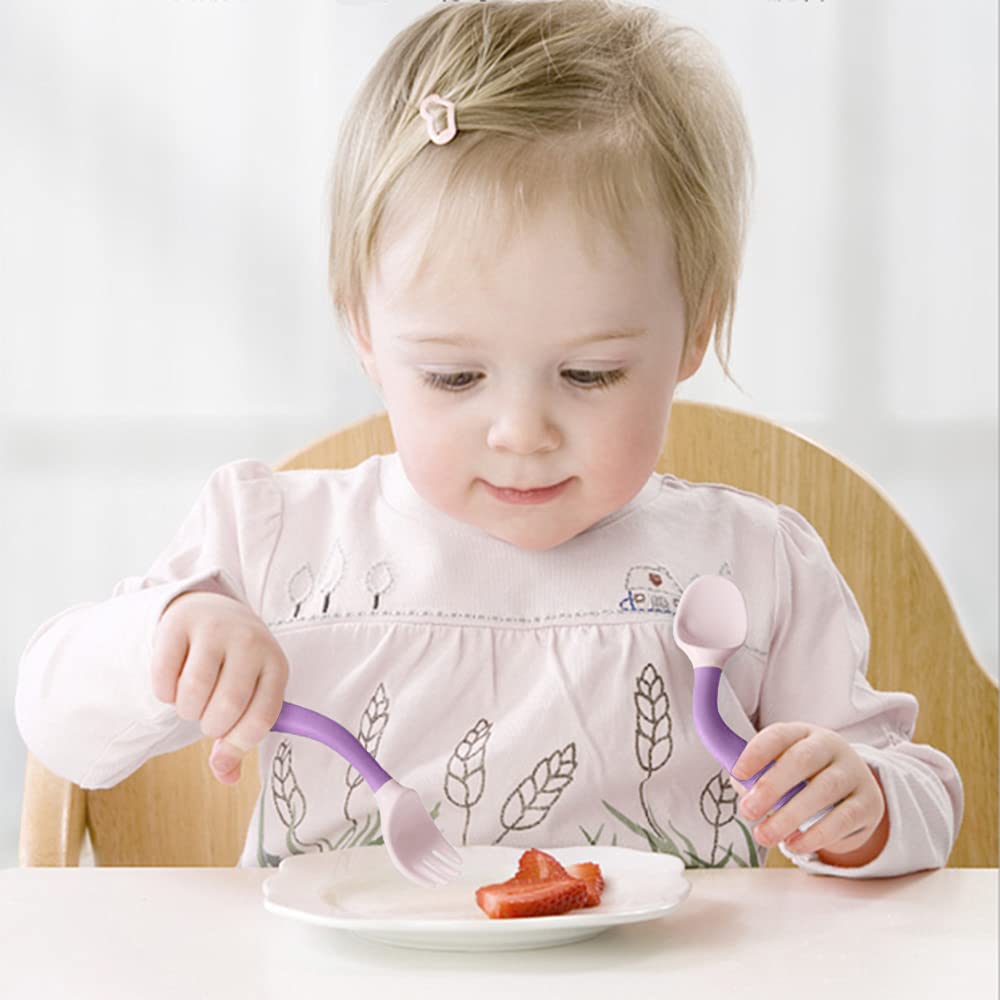Baby Utensils Spoon Fork with Travel Case, Toddler Utensils for Self Feeding Bendable Handle Silverware for Kids Children (4 Set, Pink+Yellow+Green+Purple)