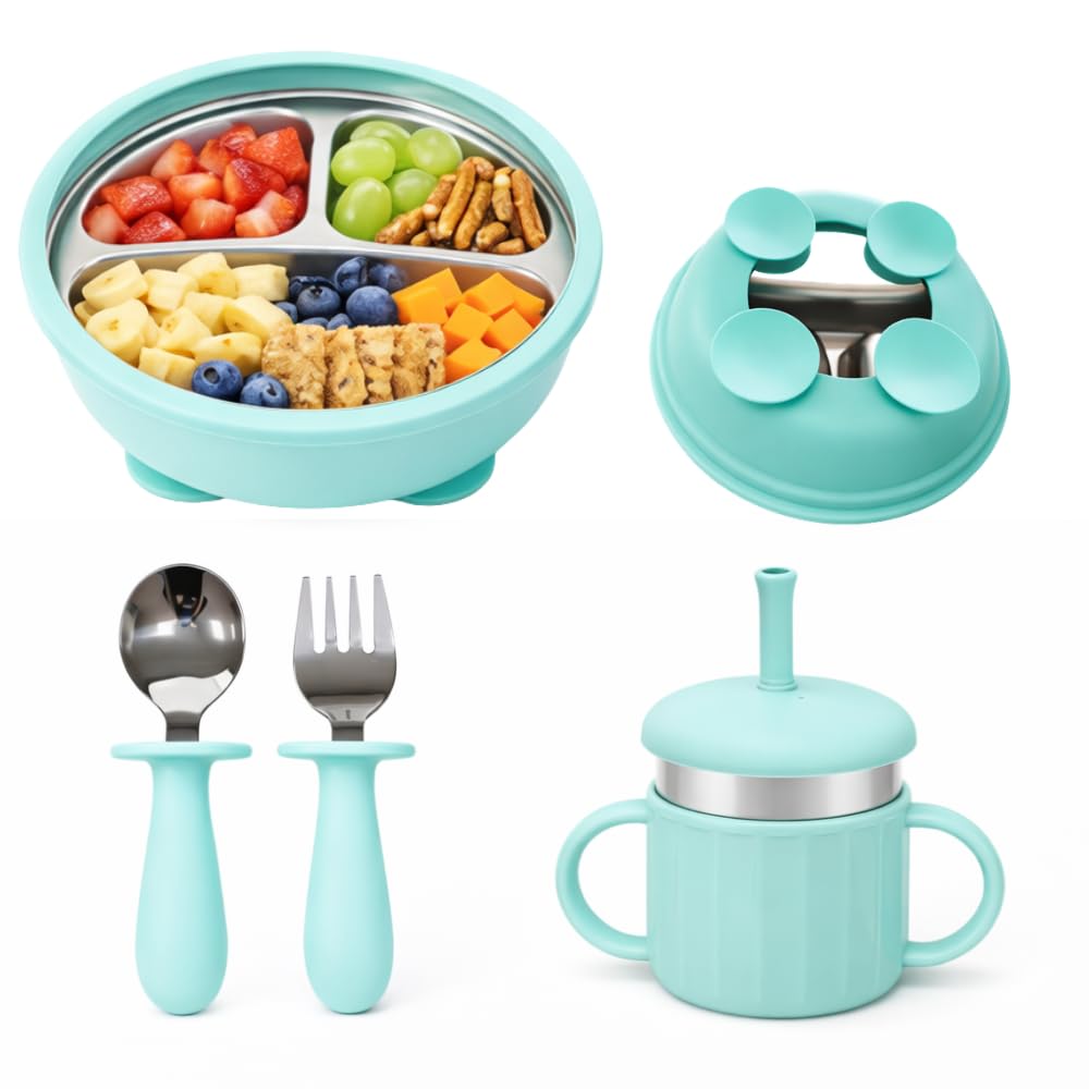 Dunexa Stainless Steel Toddler Plates with Suction, Baby Feeding Set with Divided Plate, Straw Sippy Cup, Fork & Spoon – Non-Slip stainless steel Kids Plates and Toddler Cups