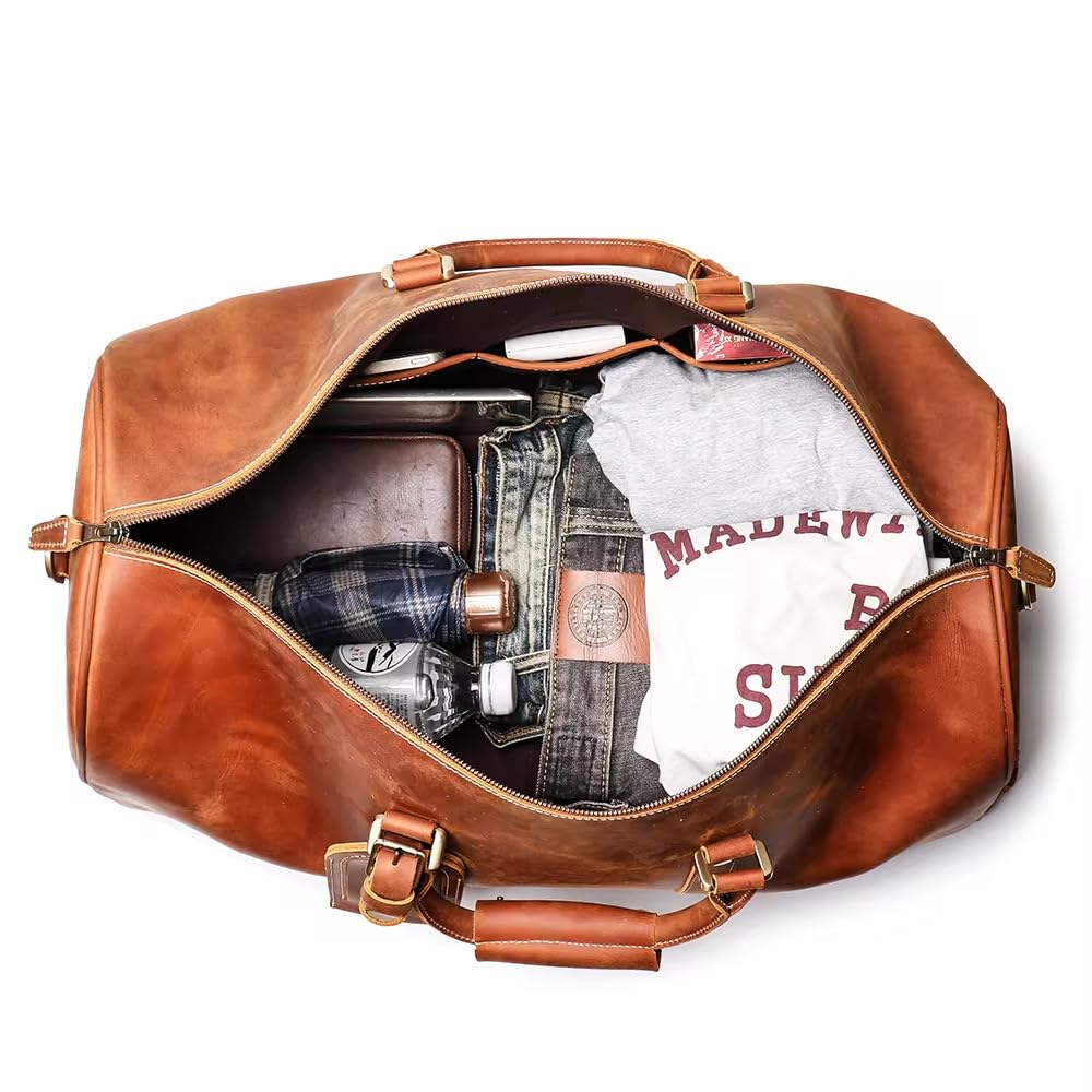 Mullis Mercantile Leather Weekender Bag, an ideal men's classic. Perfect for overnight stays, full-grain leather, a retro design, gym, and a YKK zipper, brown. (22 inch Vintage Leather Duffle)