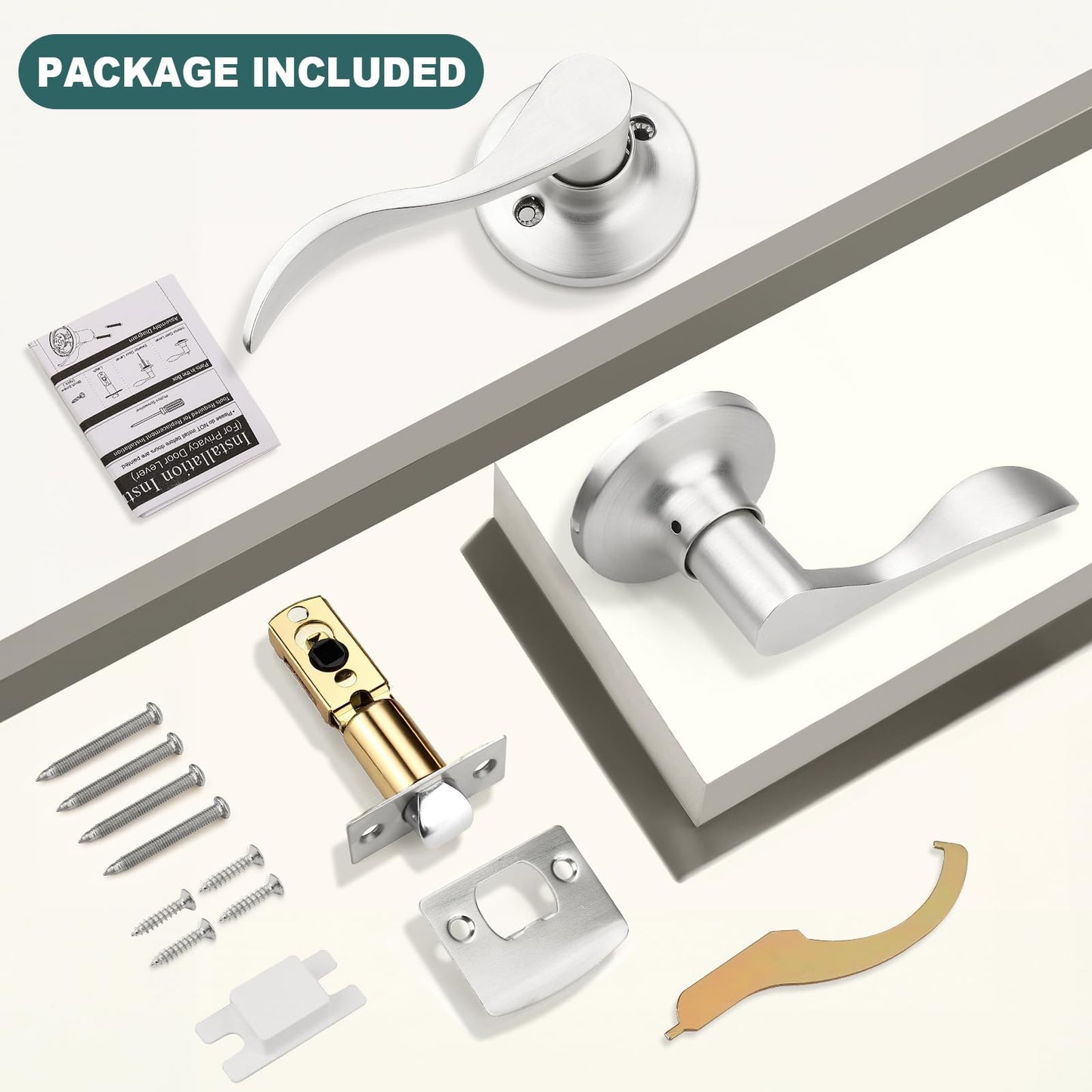 GOBEKOR Door Handles Brushed Nickel Passage Door Handle Interior Door Lock Keyless Hall Closet Door Knob Silver Passage Door Levers, Reversible Lever, 6 Pack