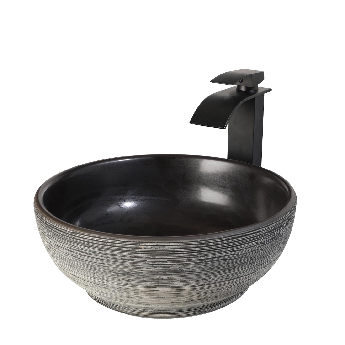 Zoyueyu 14 Inch Black Round Bathroom Vessel Sink with Waterfall Faucet and Pop-Up Drain Combo,Ceramic Vessel Sink Above Counter Round Bathroom Sink Bowl,Small Sink for Bathroom