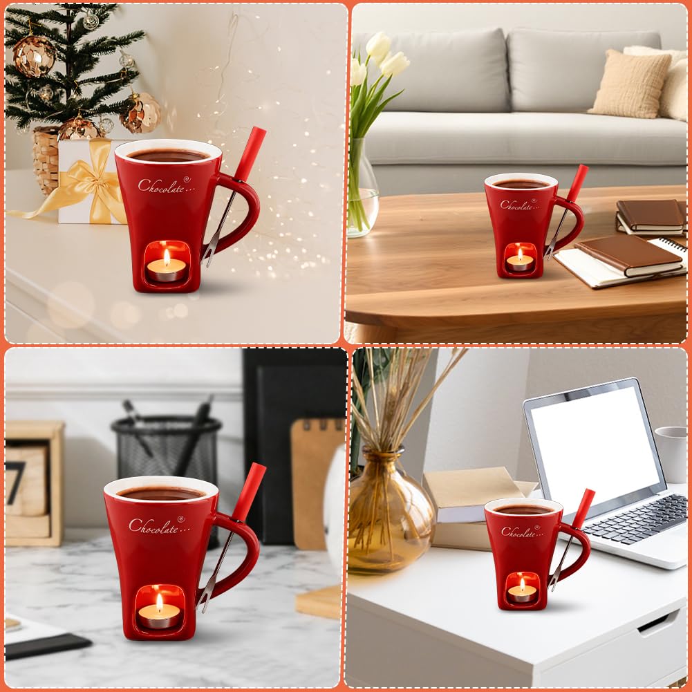 Chocolate Fondue Cup,Chocolate Fondue Mug with Fork and Candle,Ceramic Chocolate Melting Cup for Birthday Date Night Birthday Wedding Gifts (11.5 * 5.5 * 8.5cm,COLOR:Red)