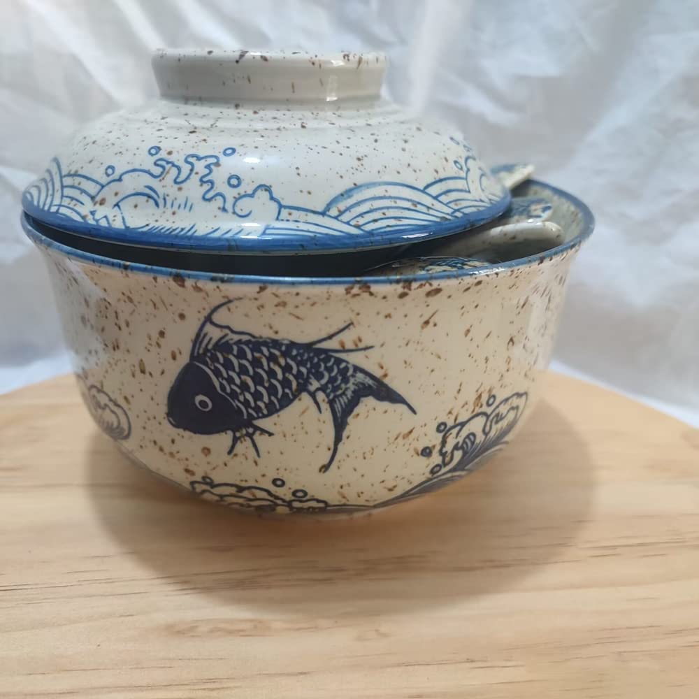 LLPUSLUO 6.5 inch Retro Ceramic Ramen Bowl with Lid,Japanese Style Personalized Dinnerware For Noodle Rice Porridge Soup Fruit Sala (6.5inch, B)