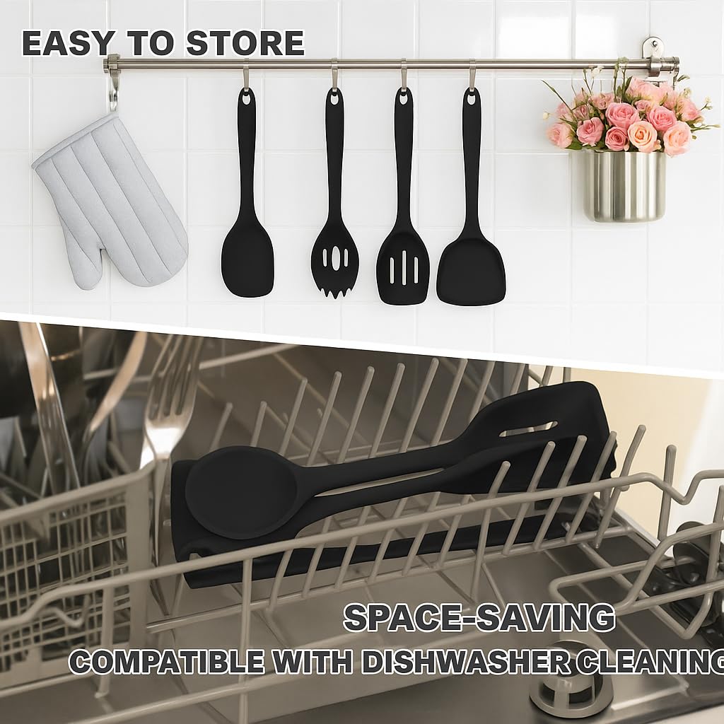NutriChef Silicone Kitchen Utensils Set - 8-pc Utensil Set with Spatula, Pasta Fork, Solid Spoon, Slotted Spoon & Tool Stand, Heat-Resistant, Food-Grade Safe, Easy-to-Clean, Stackable Design (Brown)