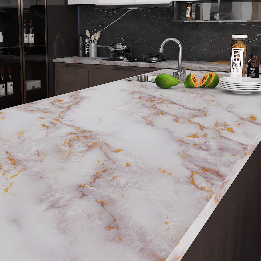 Livelynine Gold Marble Contact Paper Peel and Stick Countertops for Kitchen Table Desk Counter Top Covers Self Adhesive Wallpaper for Bathroom Sink Removable Waterproof 15.8x78.8 Inch