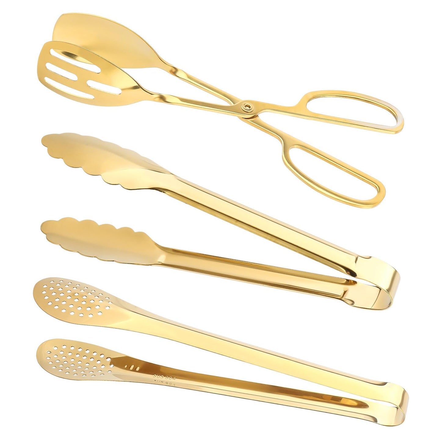 Serving Tongs,Stainless Steel Buffet Tongs, Kitchen Tongs Serving Utensils for Salad Buffet Appetizer Dessert Food Parties Wedding Party Catering, 3 Different Type Food Tongs(Gold)