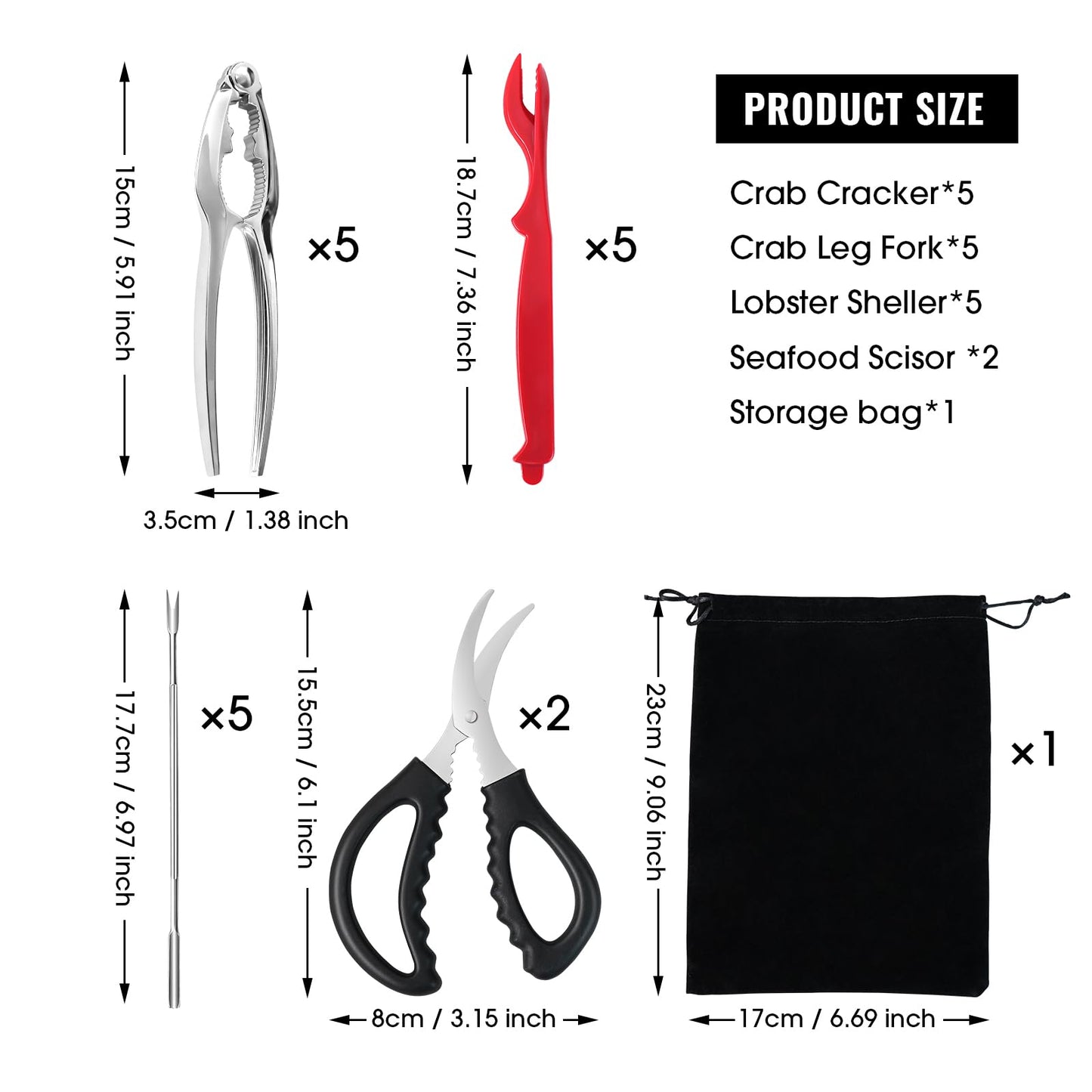 Crab Crackers and Tools,18-Pieces Seafood Tools Set Includes 5 Crab Crackers, 5 Lobster Shellers, 5 Crab Leg Forks/Picks and 2 Seafood Scissors & Storage Bag - Nut Cracker Set
