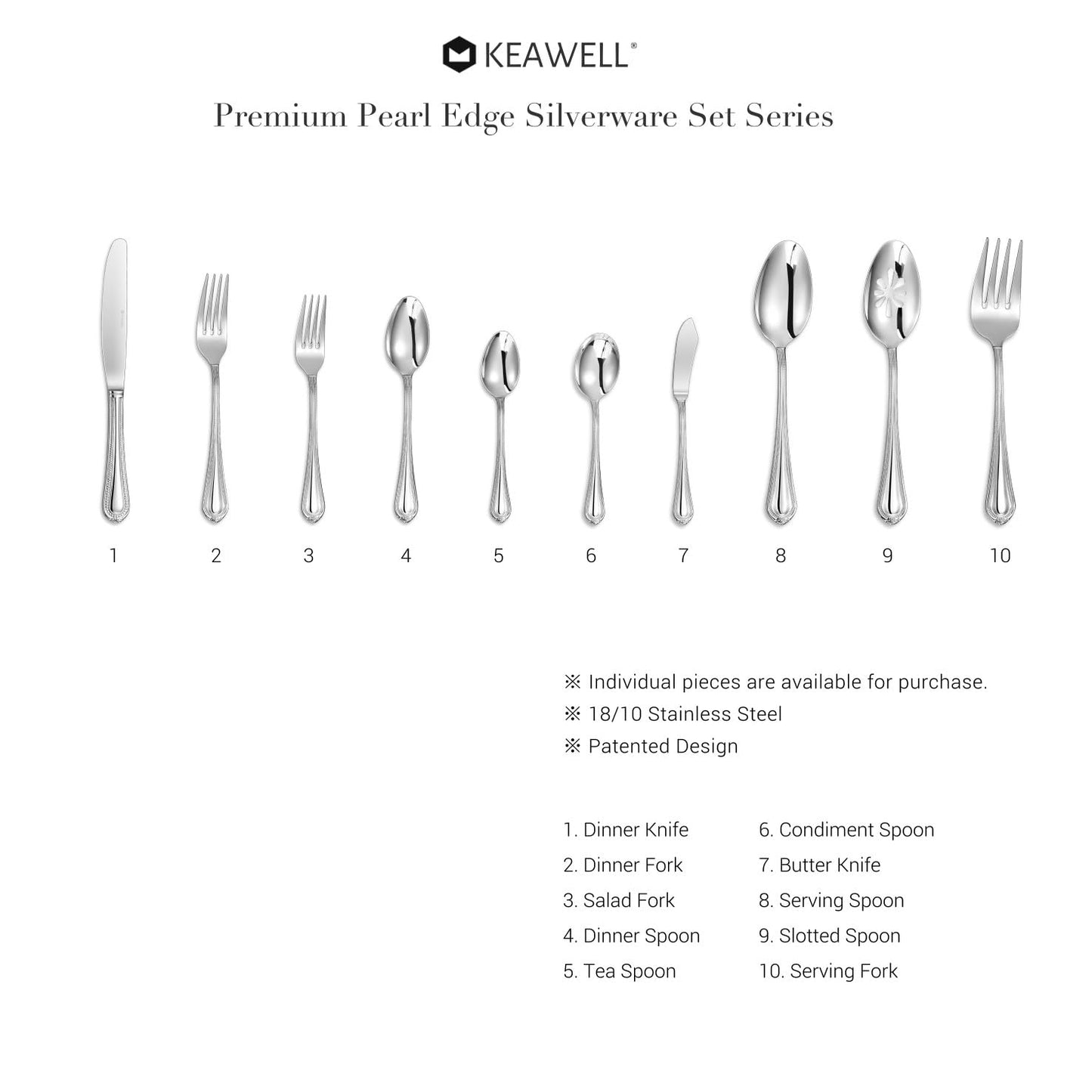 KEAWELL Pearl Edge 4-Piece Premium Spoon Set, 18/10 Stainless Steel, Fine Silverware Spoons with Refined Bead Design, Brightly Polished, Dishwasher Safe (Silver, 9" Serving Spoons)