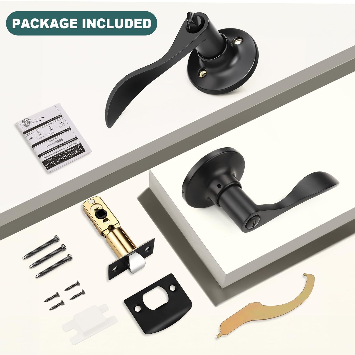 GOBEKOR 3 Pack Matte Black Privacy Door Handles for Bedroom and Bath Lever Door Handle Interior with Lock Wave Door Levers Keyless