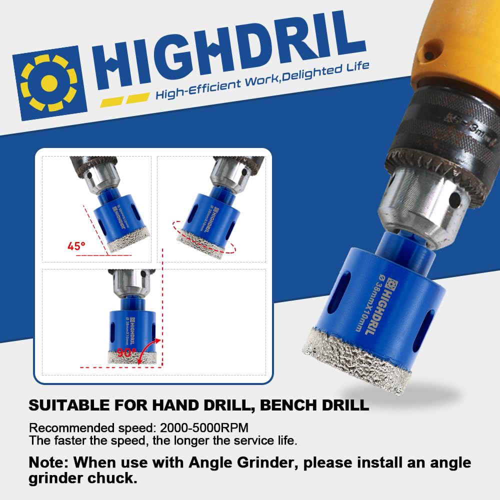 HIGHDRIL Diamond Drill Bits Kit with 5/8-11 for Porcelain Tile Ceramic Marble Brick Concrete Vacuum Brazed Hole Saw(6/8/10/20/35/50/65/100mm+50mm Chamfer Bit+20mm Finger Bit+Adapter)