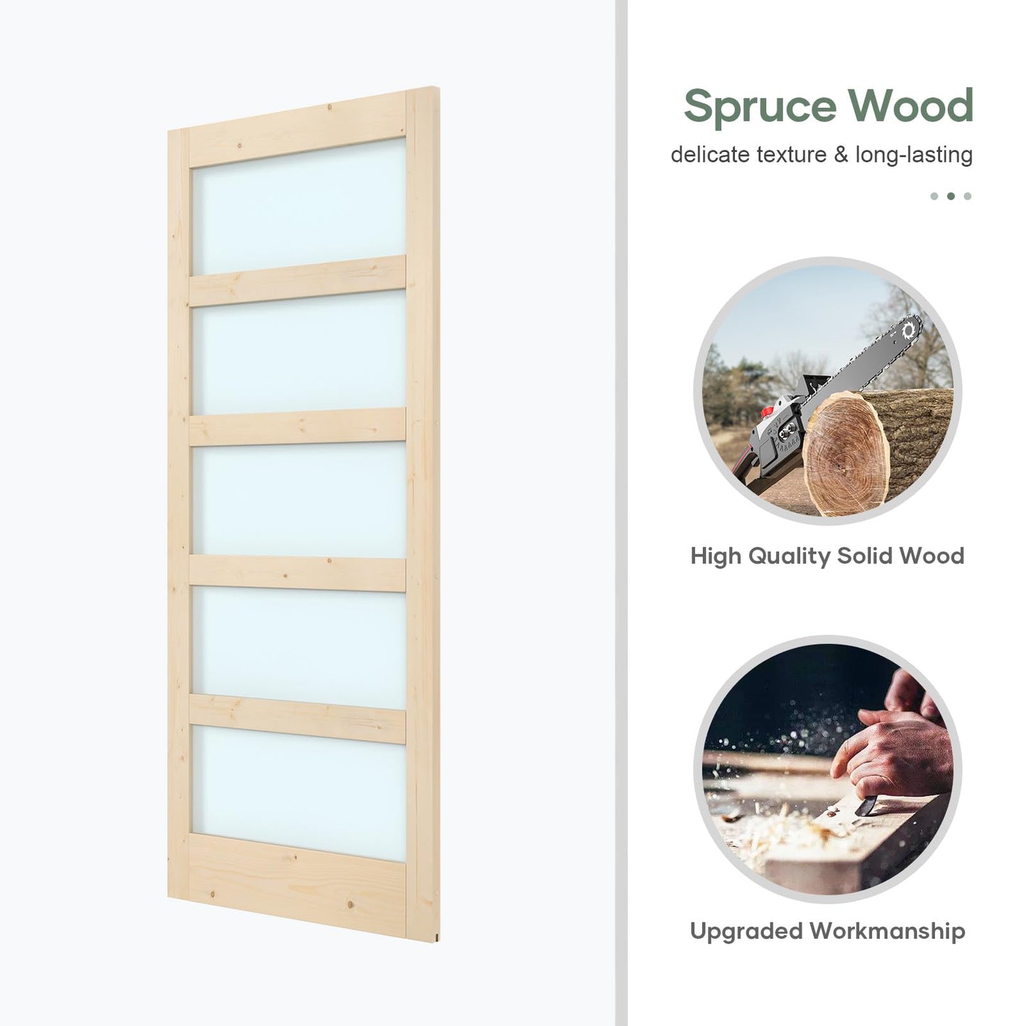 ROYMELO 34x84 inch Glass Sliding Barn Door Slab with 6ft Hardware Kit Included, 5-Panel Frosted Glass, Spruce Wood Support DIY Dyeing, Easy Assembly