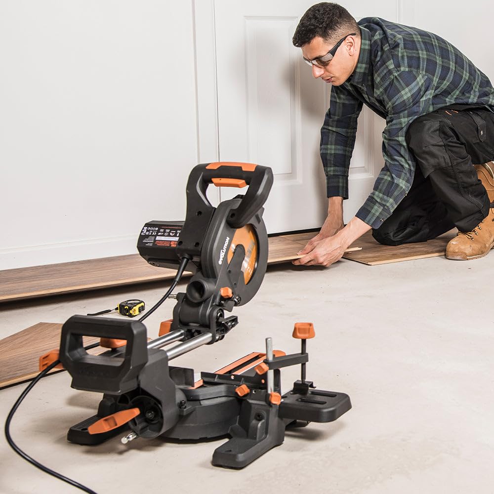 Evolution Power Tools R185SMS+ Sliding Miter Saw with Multi-Material Cutting, 45 Degree Bevel, 50 Degree Miter, 210 mm Slide, Blade Included Cuts Wood Plastic Metal & More, 7-1/4"