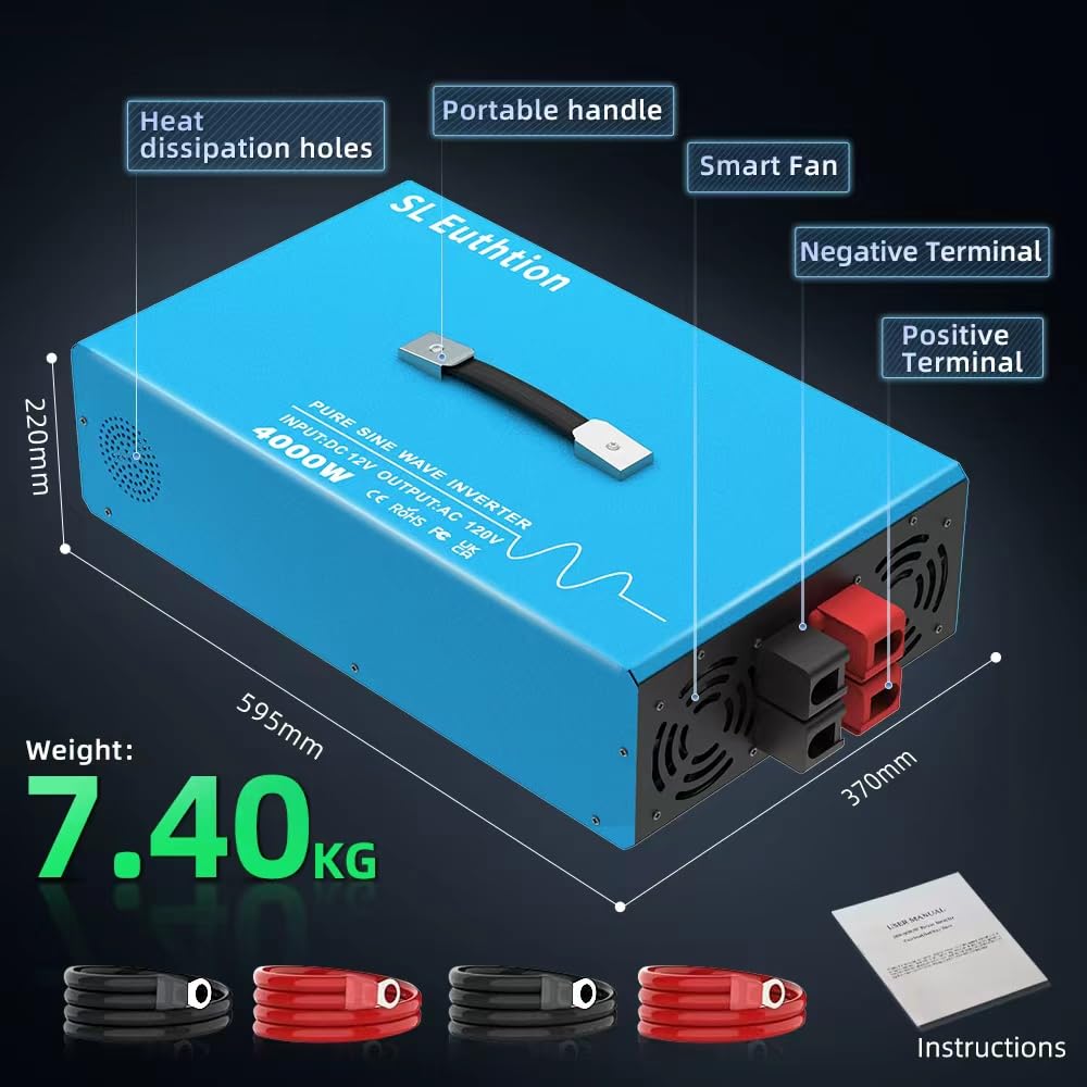 SL Euthtion 4000W Pure Sine Wave Power Inverter Voice Control AI Voice Assistant Support English 24V to 120V 60HZ with LCD Display, USB Port, for Car Home Laptop Truck