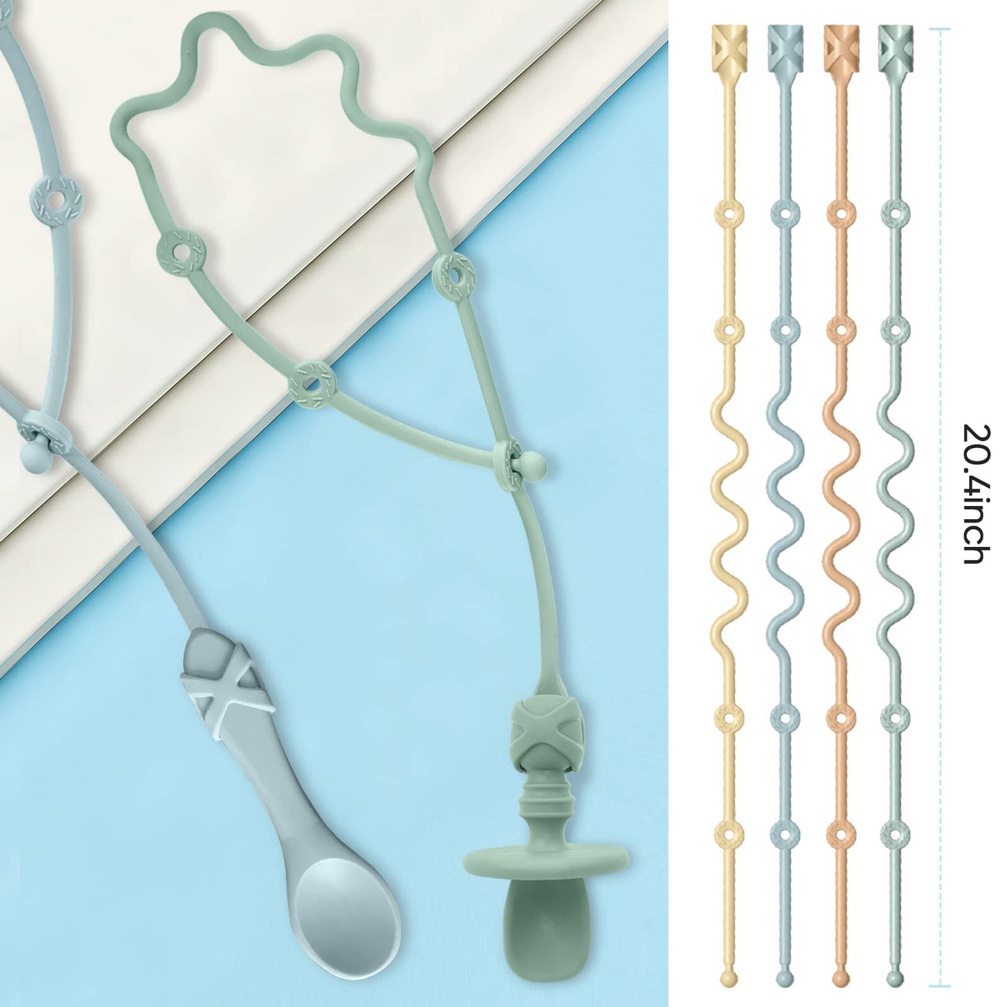 Baby Spoons Holder Strap Pacifier Clip Highchair Accessories-Gelinor First Stage Baby Led Weaning Feeding Supplies(Green and Blue)-No Spoons