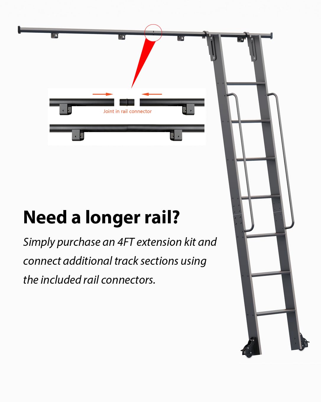 96" Sliding Library Ladder, Black +8FT Rolling Track Kit