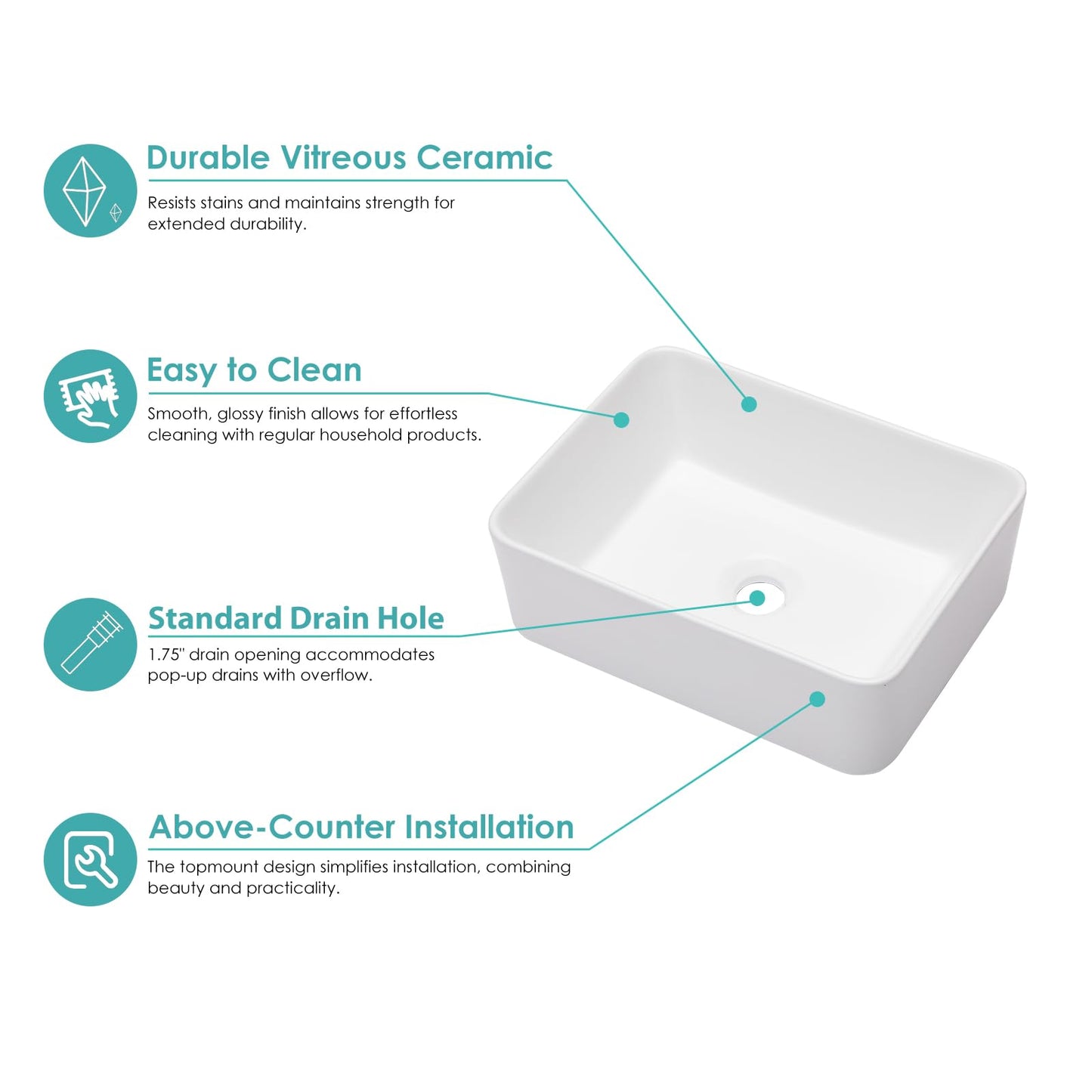 Kichae Vessel Sink Rectangular - 16"x12" Modern White Bathroom Sink Rectangle Above Counter Porcelain Ceramic Vessel Vanity Sink Art Basin