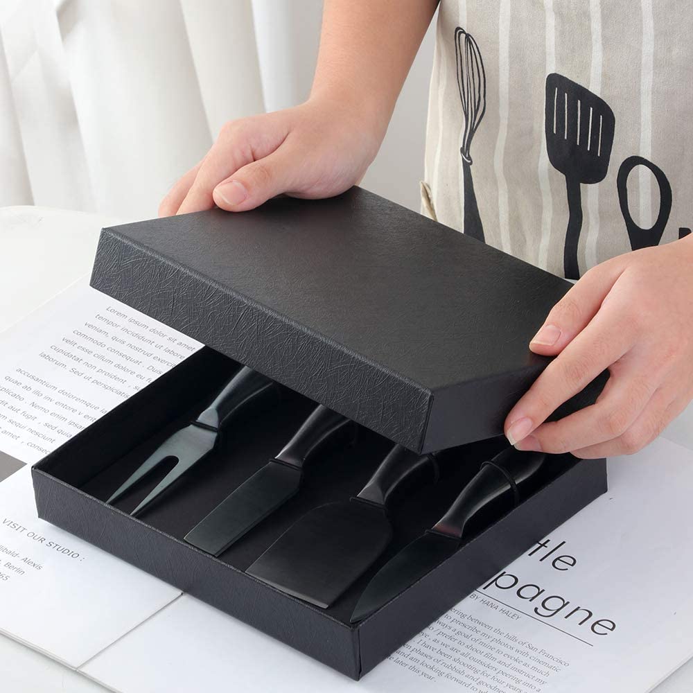 Buyer Star Black 4 Piece Cheese Knife Set Stainless Steel Mini Cheese knives Charcuterie Board Accessories Cheese Spreader Knife with Present Box for Charcuterie, Present-Ready