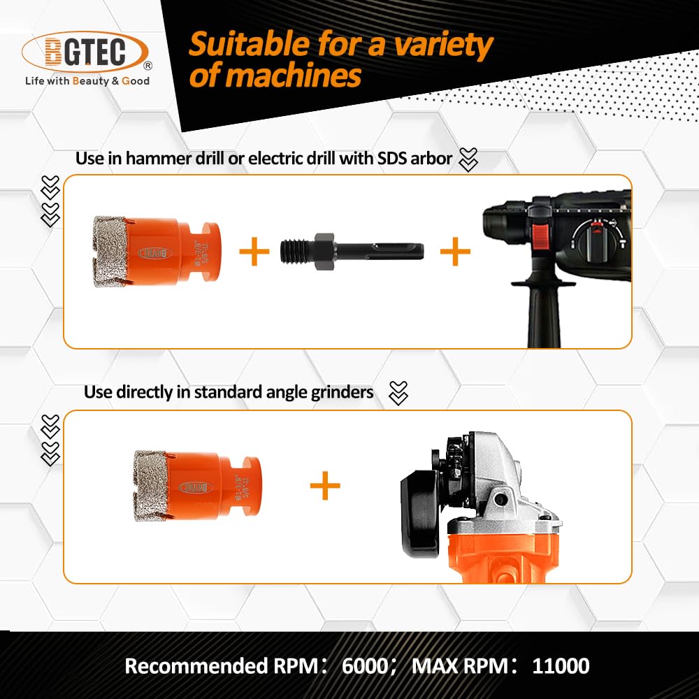 BGTEC Diamond Hole Saw Kit Marsonry Drill Bits,5/8-11 Thread 12pcs 6/6/8/20/25/35/50/75/100mm Drill Bits+20mm Milling Finger Bit+2" chamfering Bit+SDS for Granite Marble Porcelain Tile Ceramic