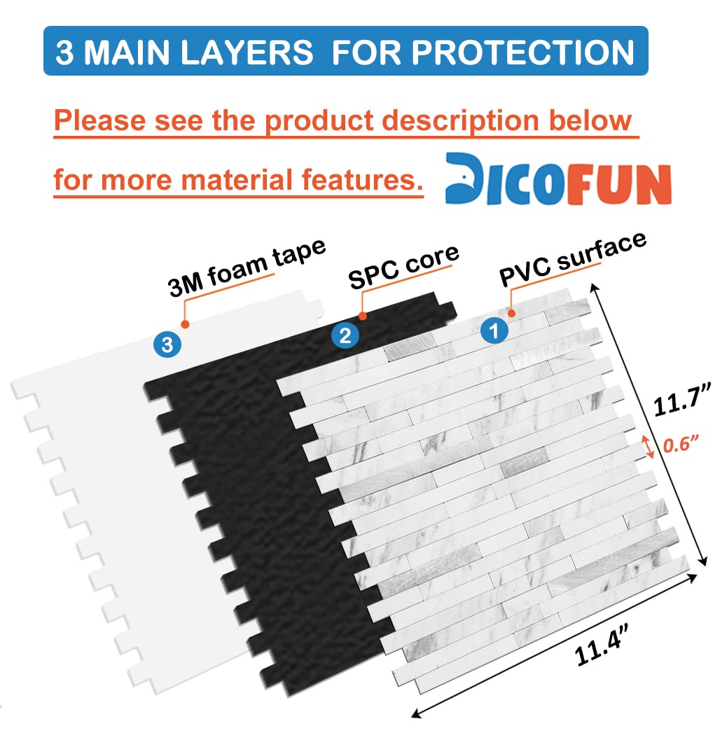 DICOFUN 10-Sheet Peel and Stick Backsplash Tile, Faux White Marble Look PVC Mixed Metal Stick on Backsplash Tiles for Kitchen and Bathroom, 9.4 sq.ft