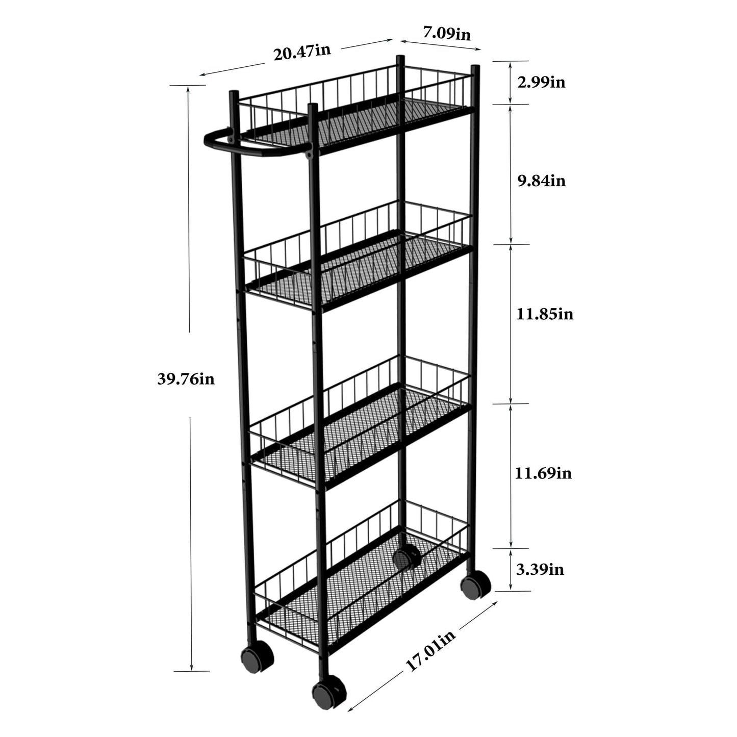 Utility Slim Storage Cart, 4-Tier Storage Cart, Narrow Cart with Handle, 7.1 Inches Deep, Metal Frame, for Kitchen, Dining Room, Living Room, Home Office, Rustic Brown and Classic (4 Tier Black)