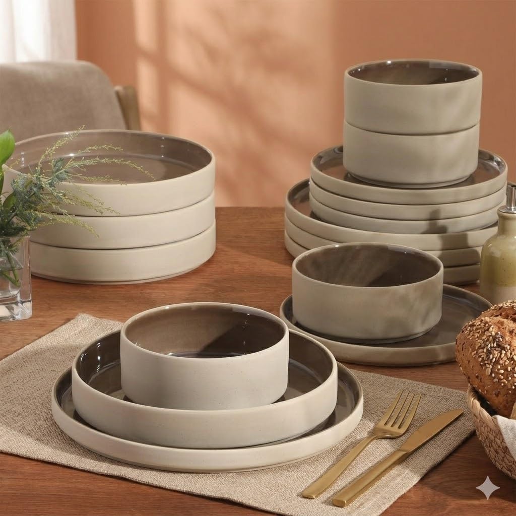 Gibson Elite Liberty Bay 16-Piece Pottery Clay Stoneware Dinnerware Set – Mocha Brown Reactive Glaze, Stackable Plates and Bowls W/Pasta Bowl, Service for 4 – Microwave & Dishwasher Safe
