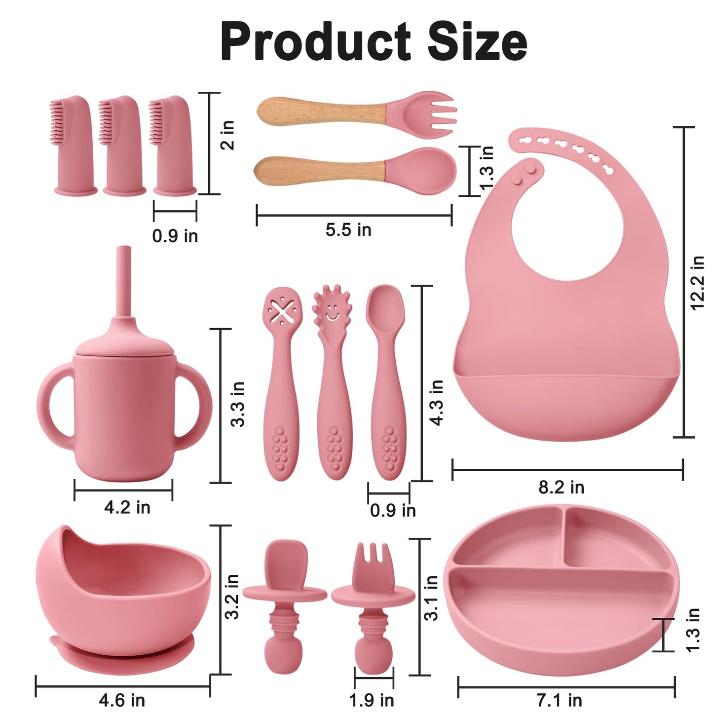 LITTLE RAWR Silicone Baby Feeding Set 14 Pcs,Baby Led Weaning Supplies, Baby Spoons Suction Bowl Divided Plate Bib Cup Finger Brush,First Stage Solid Food Eating Utensils - 6+ Months(Deep Red)