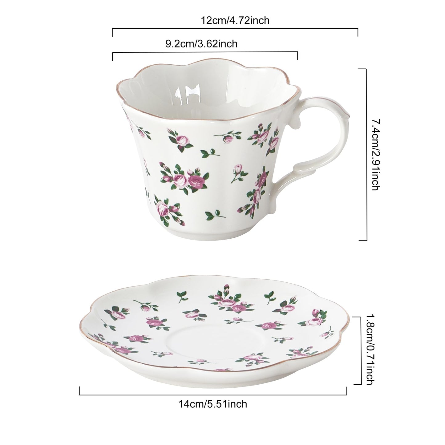 Floral Tea Cups and Saucers, 6oz Ceramic Teacup Set of 4, Elegant Scalloped Edge Coffee Cups for Latte, Cappuccino, Espresso, Rose Tea Cups for Tea Parties, Women Gifts for Mother's Day, Spring Decor