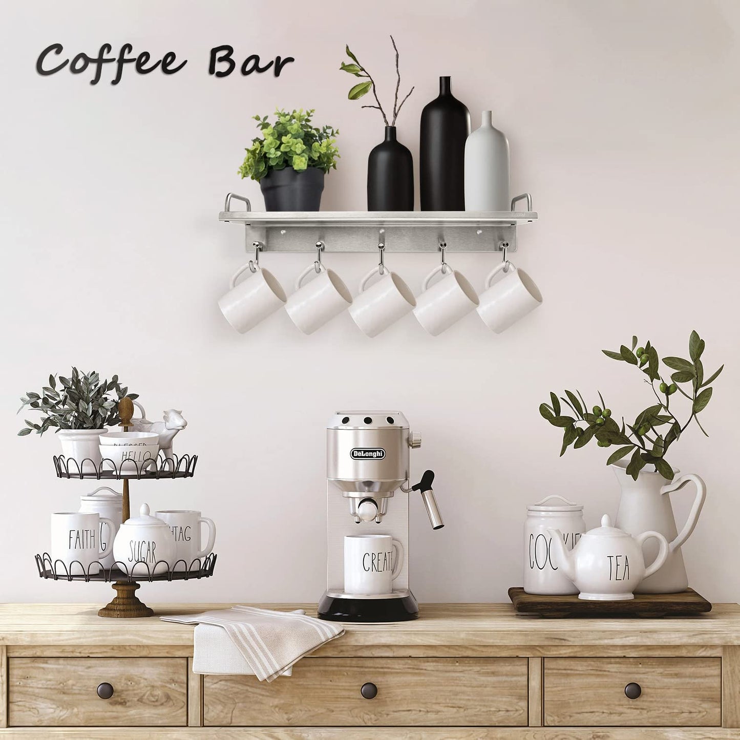 Audmore Kitchen Utensil Rack, Spice Rack with Hooks Wall Mount, Over the Stove Shelf, Stainless Steel, Hanging Storage Wall Shelf for Spatula Spoon, Seasoning Jar Organizer