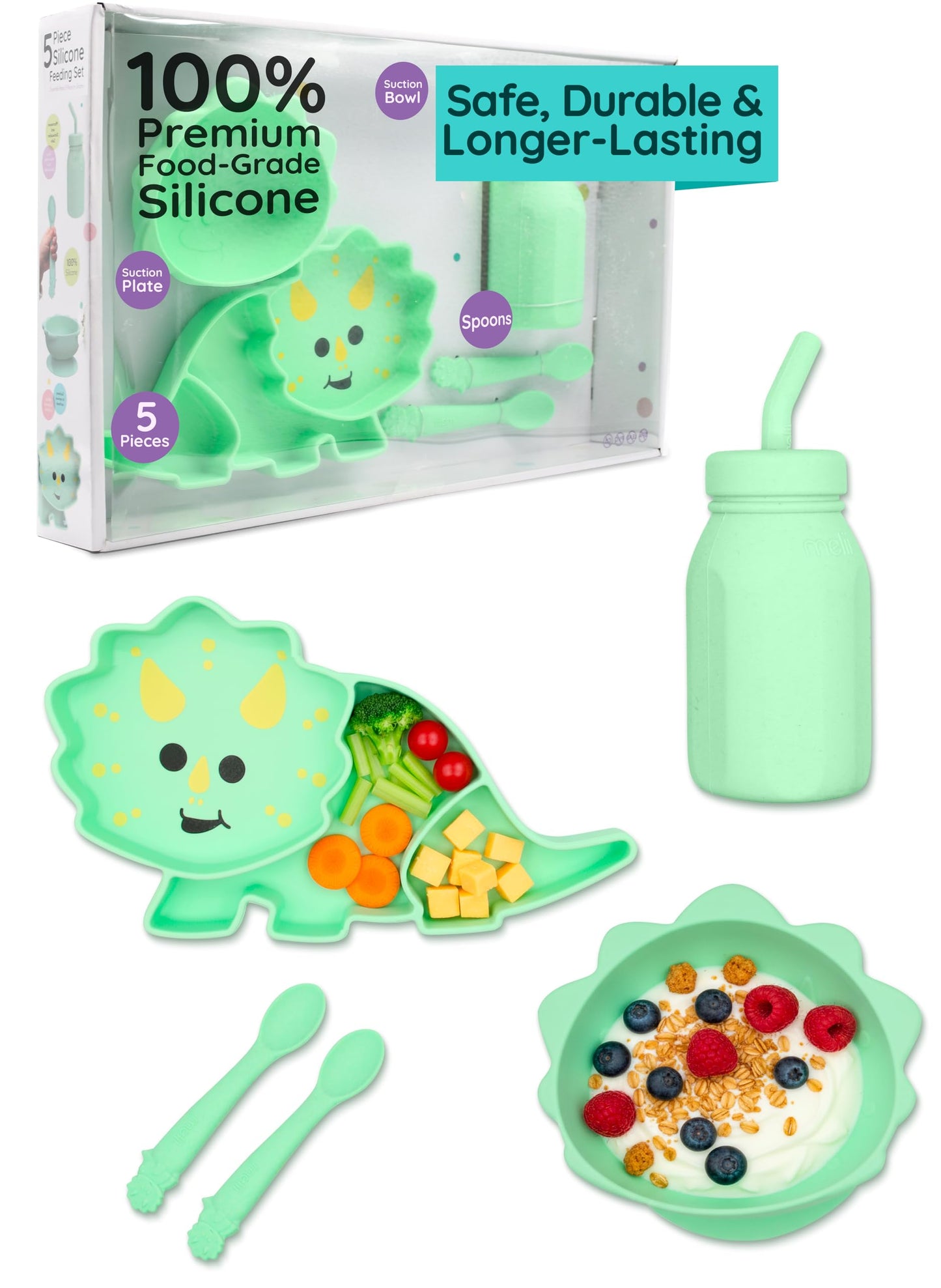 Melii 5-Piece Silicone Baby Feeding Set – Divided Suction Plate, Suction Bowl, Straw Cup & Spoons – Food-Grade Silicone, BPA-Free, Dishwasher & Microwave Safe, BLW Toddler Feeding Set, Dinosaur Design