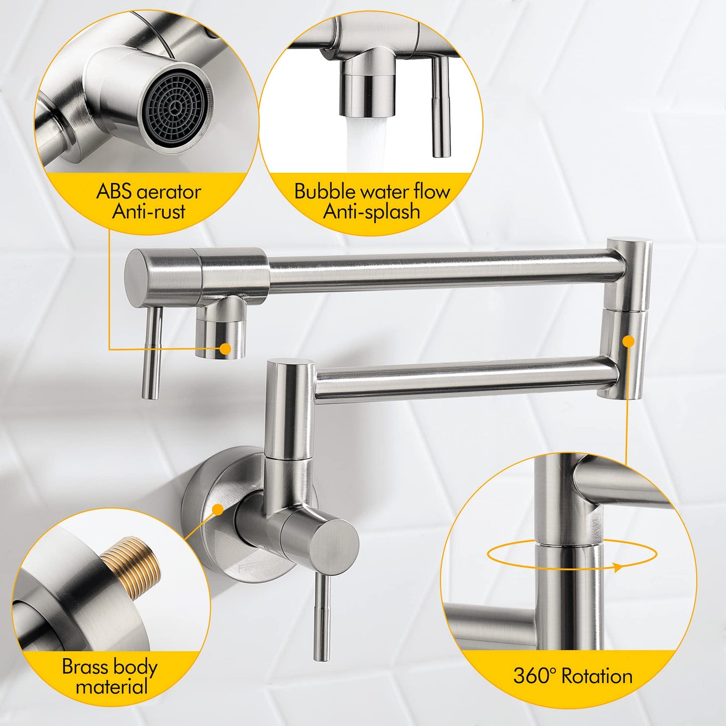 Fransiton Brushed Nickel Pot Filler, Pot Filler Faucet Wall Mount, Brass Folding Stretchable with Double Joint Swing Arm Single Hole Two Handles Kitchen Restaurant