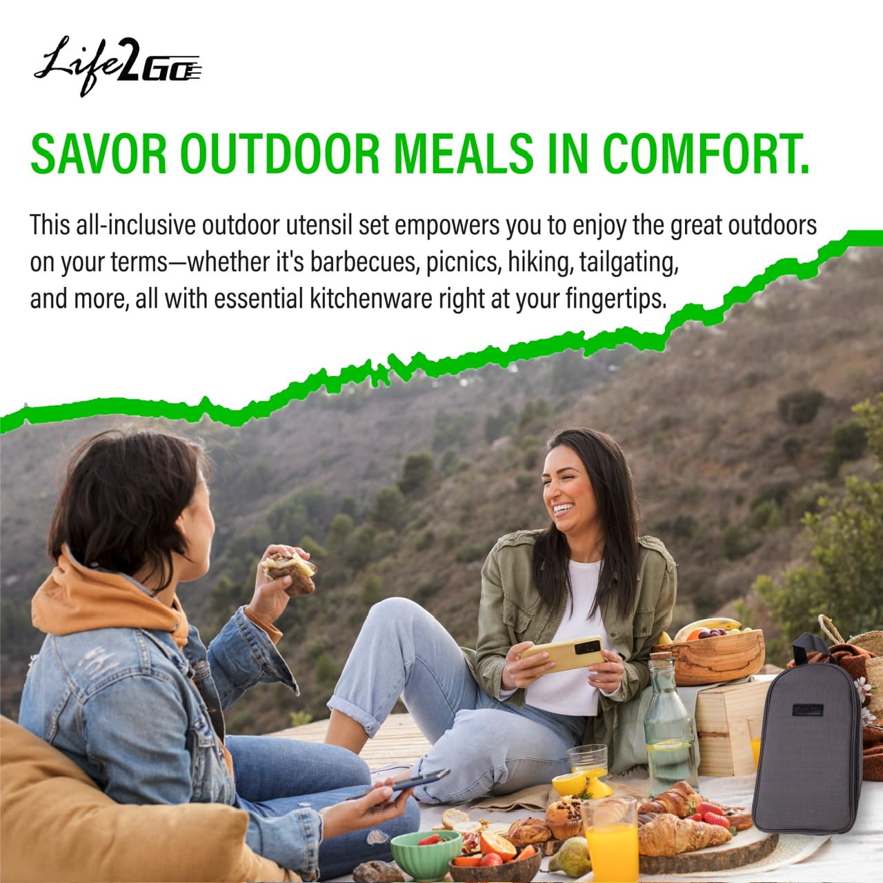 Life2Go 12 Piece Stainless Steel Camping Cooking Utensils Set, Portable Outdoor Kitchen Kit with Chef Knife, Tongs, Spatula, Scissors, Camp Cooking Gear with Carry Case for Hiking, BBQ & Travel, Gray