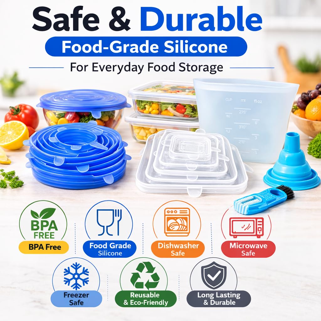 IZEM Premium Reusable Silicone Stretch Lids Set β 12 Pack (6 Round Blue + 6 Rectangle White) BPA-Free, Airtight & Leakproof Bowl Covers + 500ml Silicone Bag, Funnel & Brush
