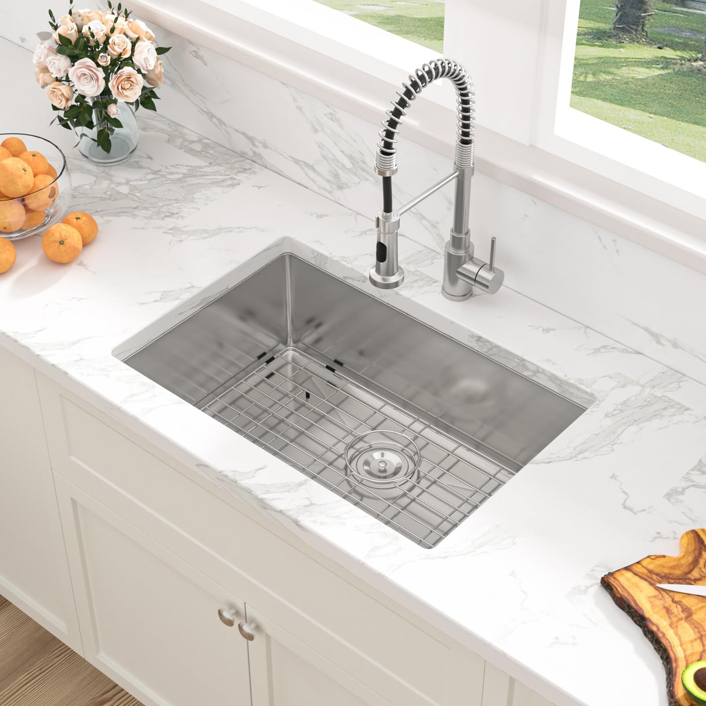 Sarlai 28 Inch Undermount Kitchen Sink - 28" x 18" Undermount Sink Single Bowl Stainless Steel 16 Gauge Kitchen Sink Under Counter Round Corner Basin