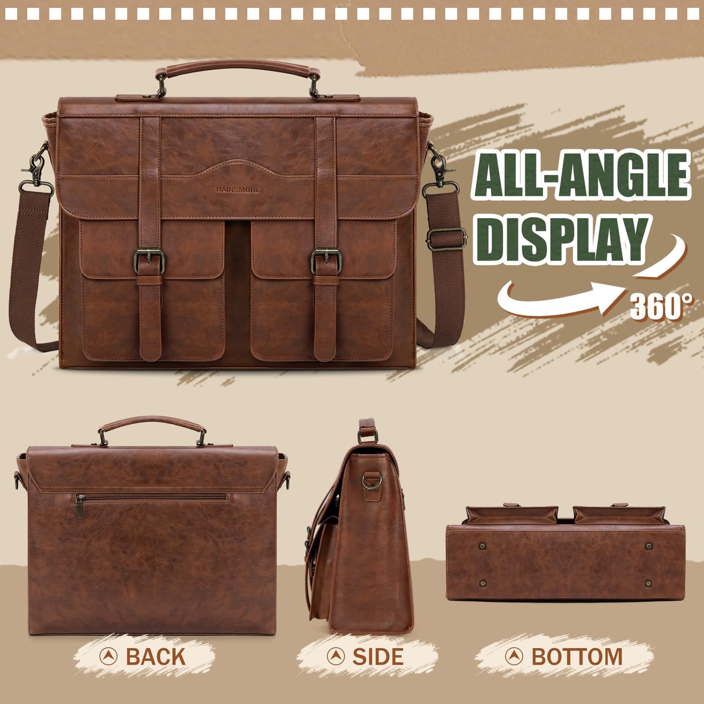 RAINSMORE Mens Messenger Bag 17 Inch Vintage Leather Laptop Briefcase Magnetic Closure Large Satchel Computer Shoulder Bag for Office Travel College, Brown