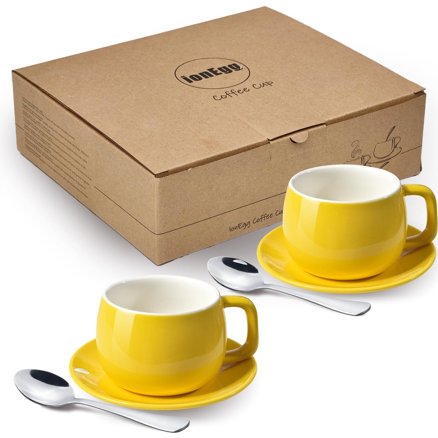 ionEgg Porcelain Coffee Cup with Saucers and Spoons 270ml/9oz for Latte, Cappuccino and Tea, Yellow, Set of 2