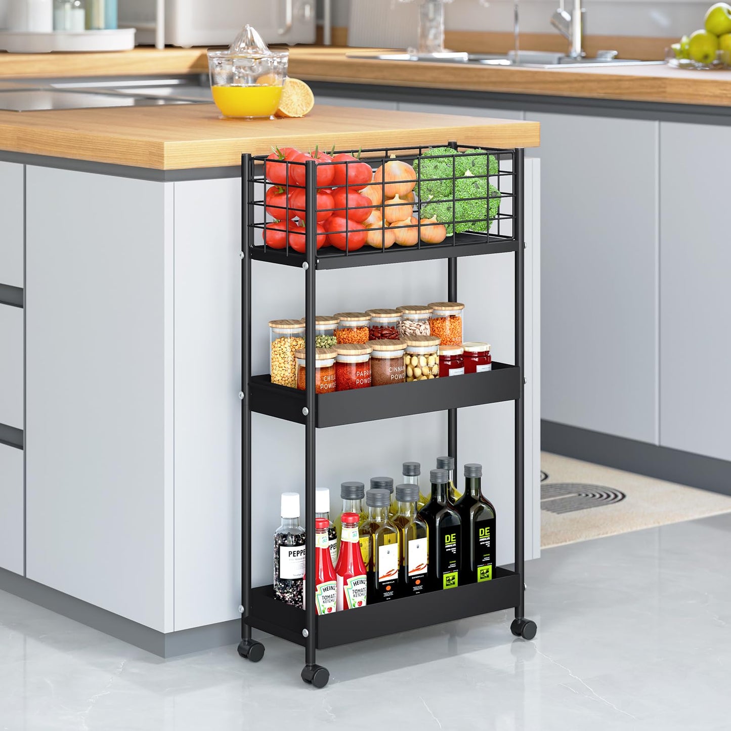 KINGRACK 3-Tier Metal Rolling Cart, Slim Storage Cart, Mobile Shelving Unit Trolley with Wheels, Bathroom Tier,Bathroom Organizer Utility for Laundry Room, Office, Narrow Place, Black