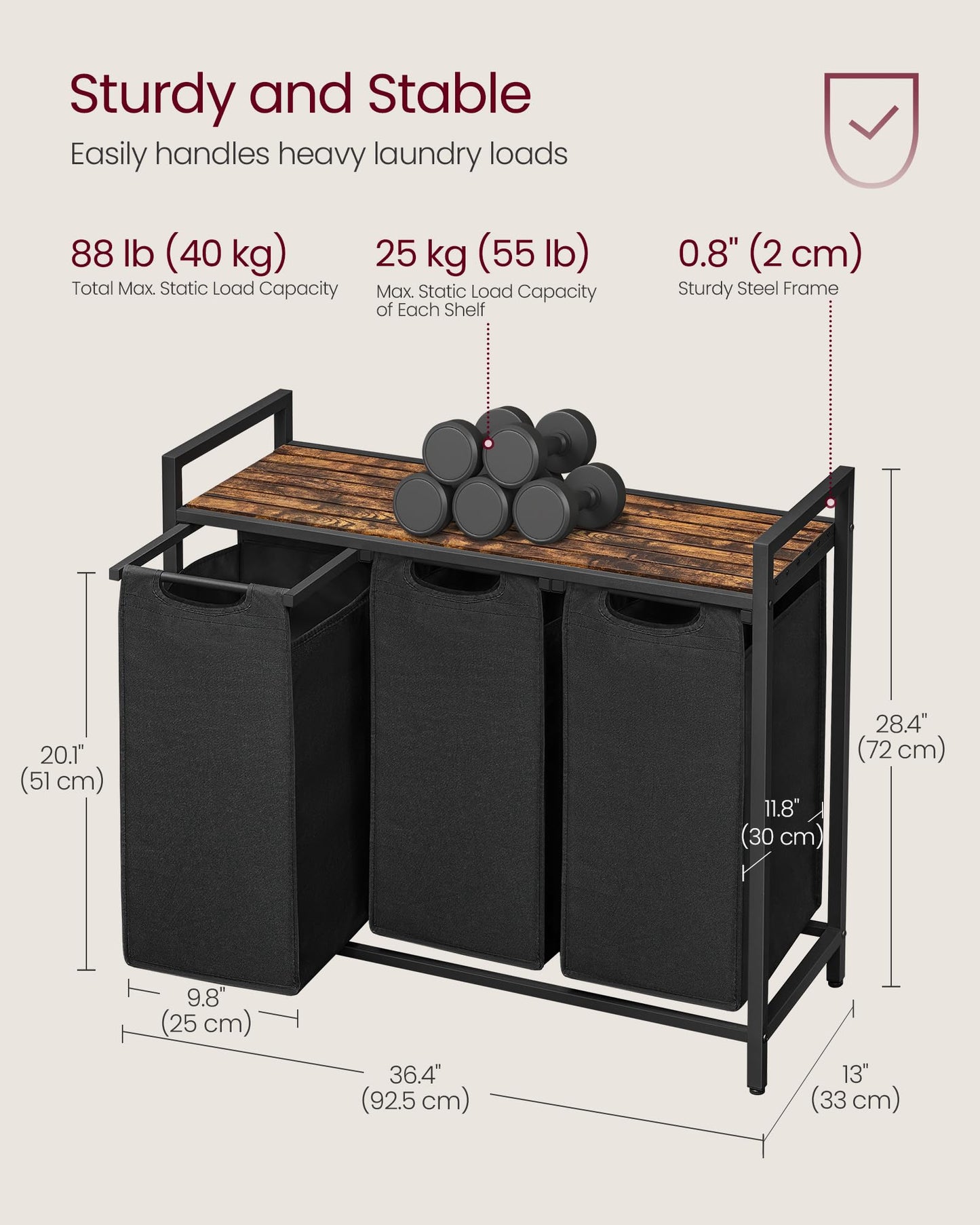 VASAGLE Laundry Hamper, Laundry Basket, Laundry Sorter with 3 Pull-Out and Removable Bags, Shelf, Metal Frame, 3 x 10.6 Gallons (40 L), 36.4 x 13 x 28.4 Inches, Ink Black and Rustic Brown UBLH301B01