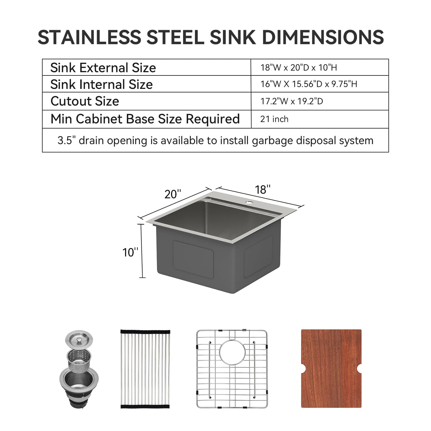 Lordear 18x20 Inch Drop In Topmount Bar Sink - 16 Gauge Stainless Steel Single Bowl Ledge Workstation, for RV/Kitchen/Camper/Wet Bar with Cutting Board