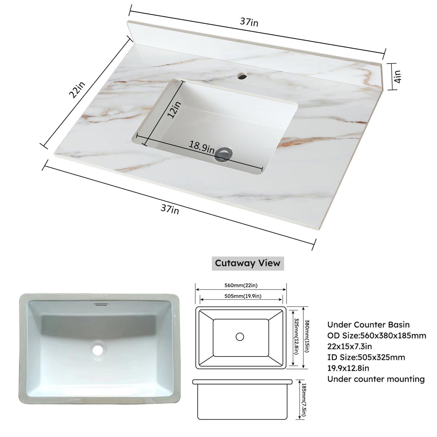 37" Bathroom Vanity Top with Ceramic Undermount Sink & Backsplash,Calacatta Gold Sintered Stone Counter Top, Single Hole Vanity Sink Top