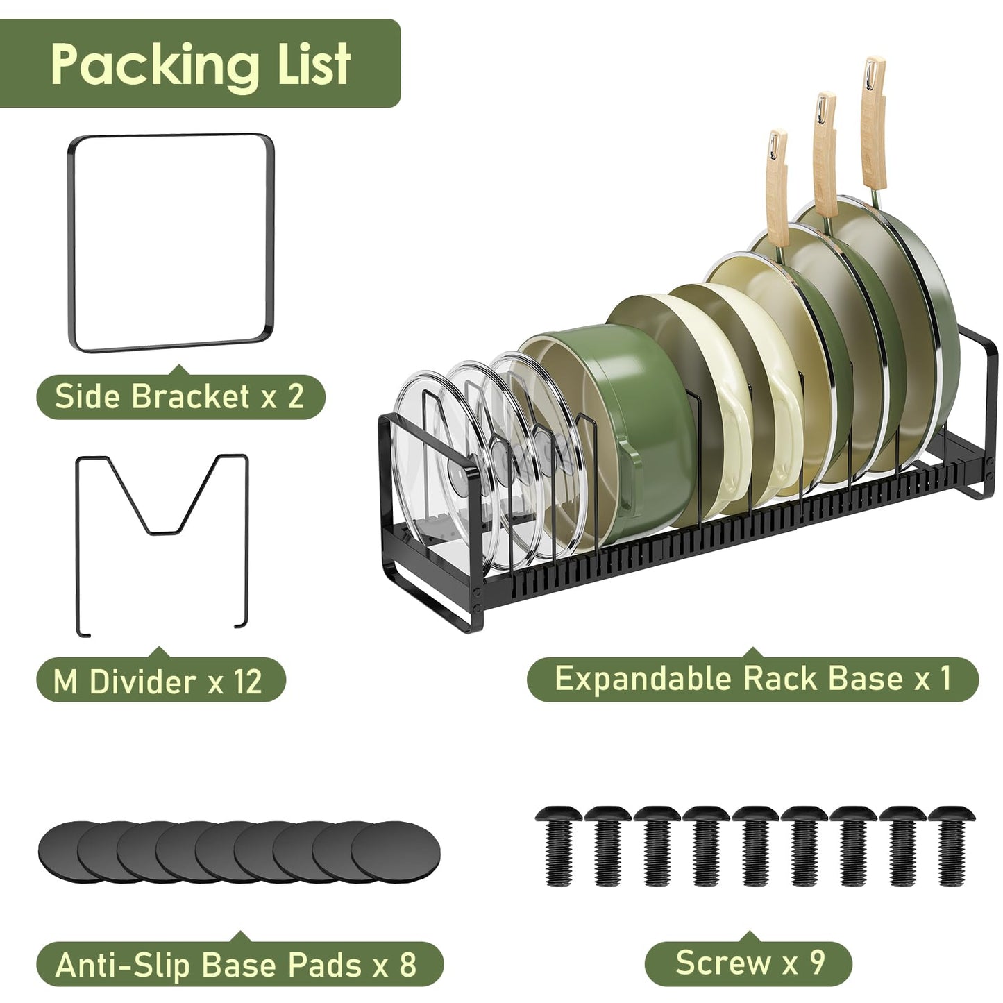 MUDEELA Pot Rack Pan Organizer inside Cabinet - Expandable Pot Lid Organizer for Cabinet with 12 Adjustable Dividers, Cutting Board Organizer Holder Baking Rack Kitchen Cabinet Storage Organization