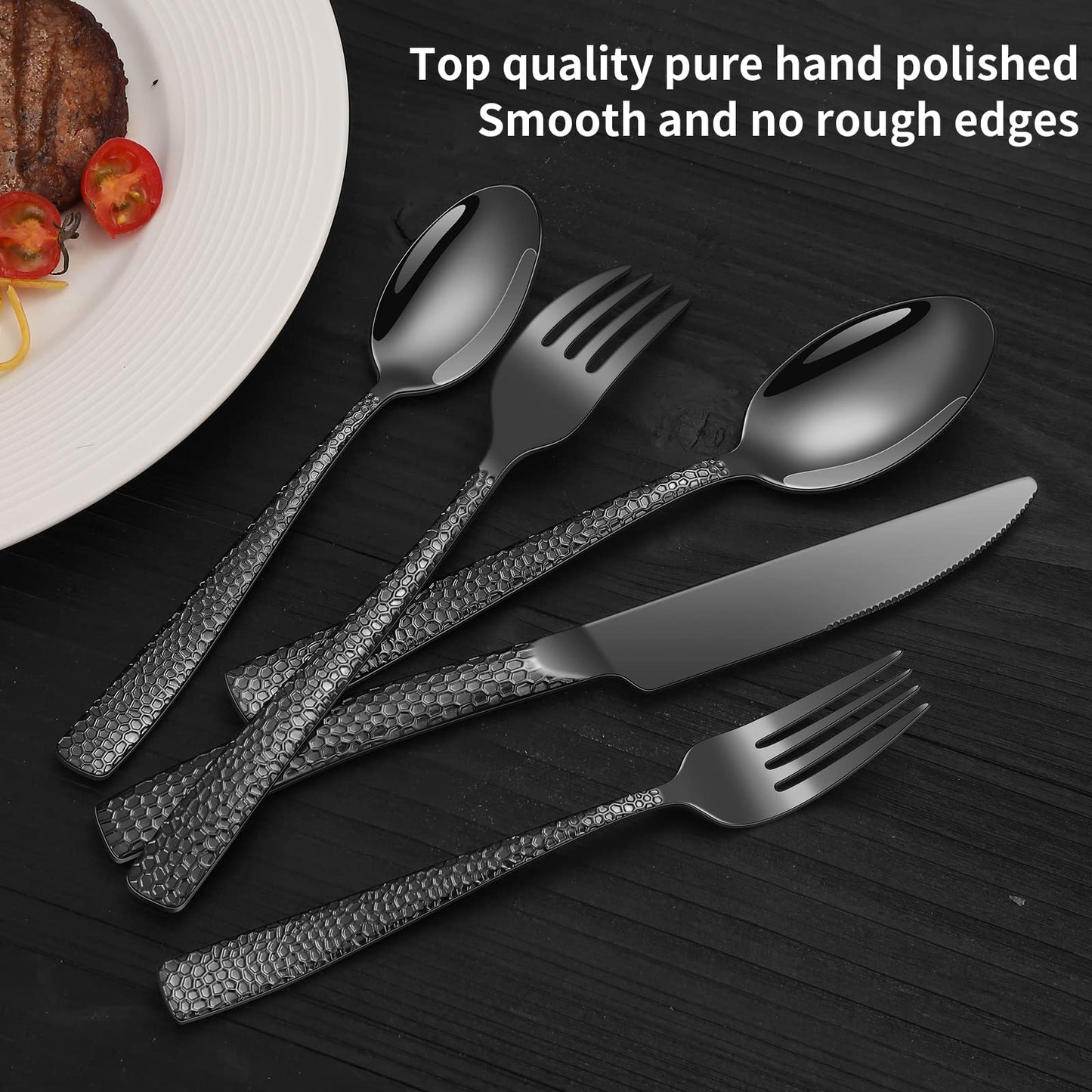45-Piece Silverware Set with Serving Utensils Set, Black Hammered Stainless Steel Flatware for 8, Food-Grade Tableware, Including Fork, Knife, Spoon Set, Home Kitchen Cutlery, Dishwasher Safe