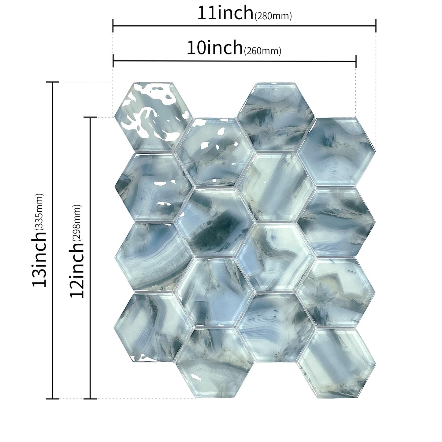 5 Sheets Ink Wash Black Hexagon Glass Mosaic,Pool Tiles,12" x 10" Kitchen Backsplash Tile
