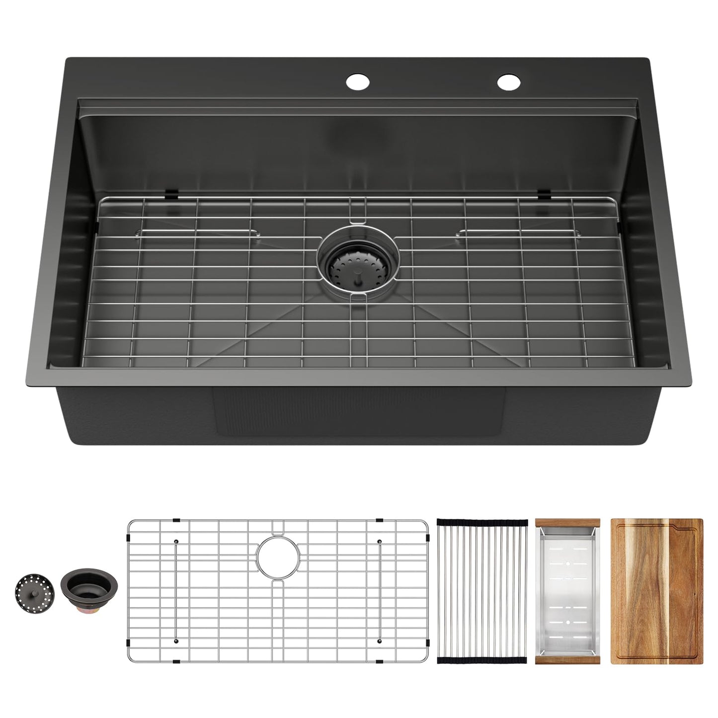 Couoko 33x22 Black Drop In Kitchen Sink Workstation 16 Gauge Stainless Steel Single Bowl Drop Kitchen Sinks Nano PVD Gunmetal Black Handmade Large Deep Topmount Sinks, 33x22x9 Inch