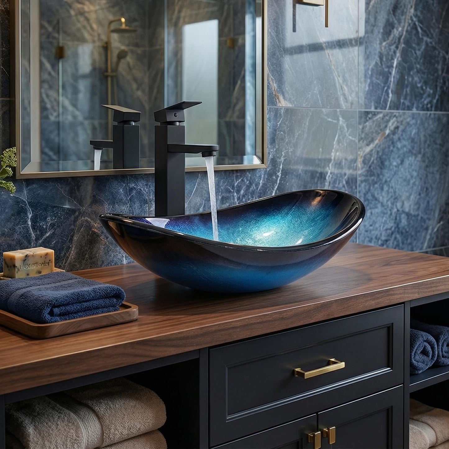 SOLIDEE Bathroom Boat Shape Artistic Glass Vessel Sink Free Black Faucet and Pop-up Drain Set, Blue